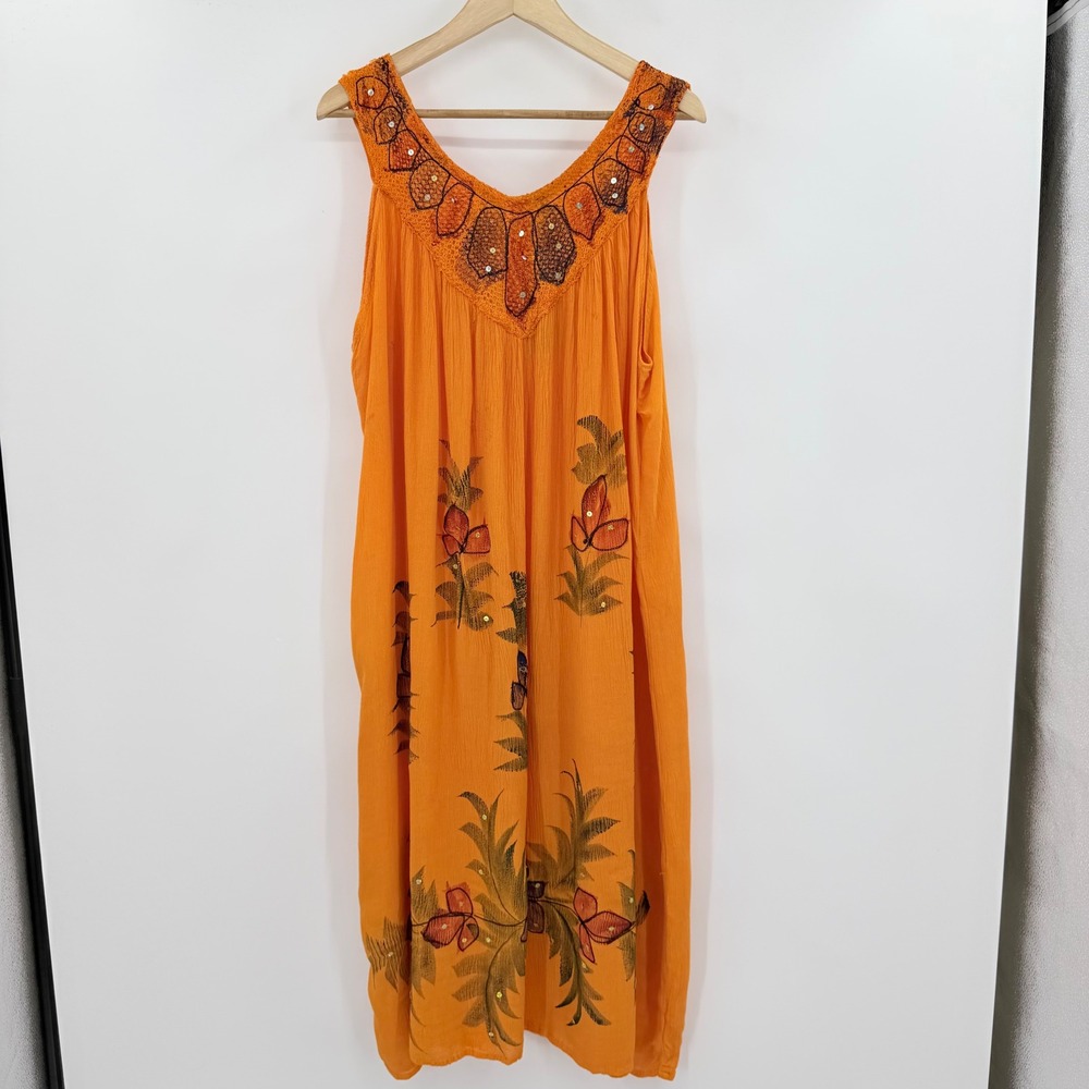 Just Love Orange Tropical Floral Sequin Embroidered Gauze Midi Dress Free Plus
